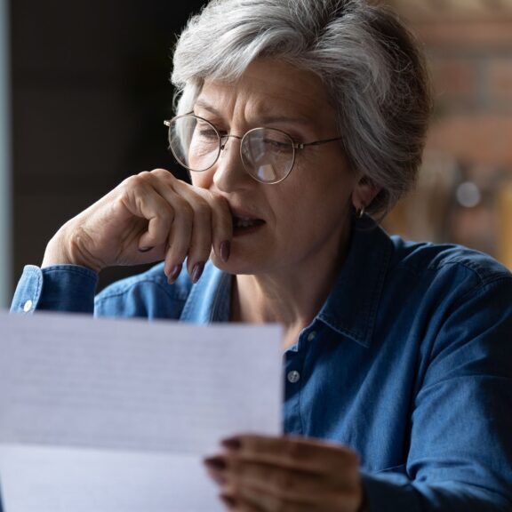 Older woman looking at a sheet of paper